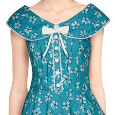 Peter Pan Collar Swing Dress in Turquoise Floral-Dress-Glitz Glam and Rebellion GGR Pinup, Retro, and Rockabilly Fashions Peter Pan Collar Top, White Bow, Collar Top, Pan Collar, Peter Pan Collar, Soft White, Indian Wear, Button Placket, Swing Dress