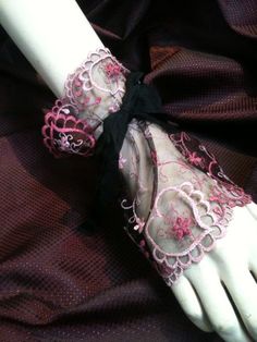 Pink+and+black+lace+and+mesh+vintage+inspired+cuffs,+with+black+ribbon+tie