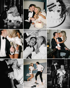 black and white photos of people celebrating at a party with cake, wine glasses, champagne