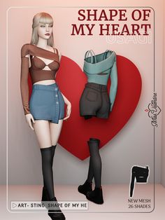 a woman standing next to a heart shaped object with the caption shape of my heart