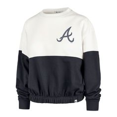 The Women's '47 White/Navy Atlanta Braves Take Two Bonita Pullover Sweatshirt is the perfect way to show your support for the Atlanta Braves. Made from a comfortable cotton and polyester blend, this midweight sweatshirt features elastic cuffs and waistband for a snug fit. The woven tag proudly displays the Atlanta Braves logo, making it a must-have for any fan. Whether you're cheering at the stadium or relaxing at home, this sweatshirt will keep you warm and stylish. Collegiate Navy Top For Game Day, Navy Varsity Top For College, Navy Fleece Crew Neck Top, Navy Crew Neck Fleece Top, Navy Collegiate Crew Neck Top, Navy Collegiate Top For College, Navy Collegiate Style Top, Navy Varsity Sweatshirt For College, Navy Collegiate Crew Neck Sweatshirt