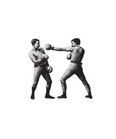 two men are boxing with each other in black and white, one is hitting the ball