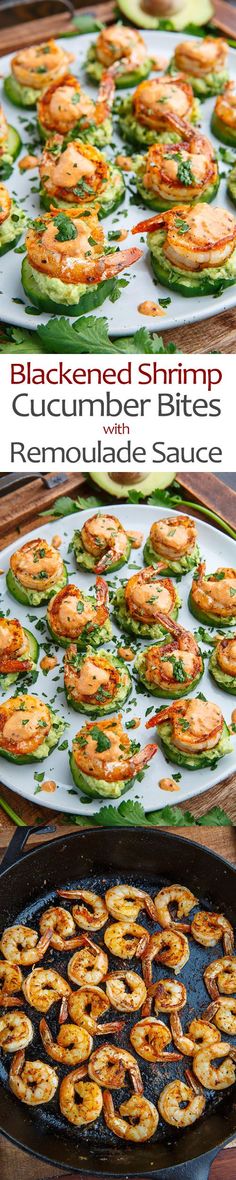 shrimp and cucumber bites being cooked in a cast iron skillet