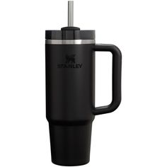 the stanley travel mug is black and has a stainless steel handle