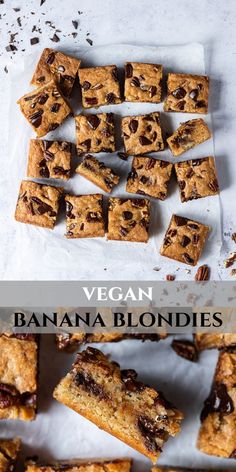 vegan banana blondies with chocolate chips and pecans in the middle on top