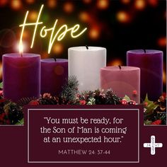 three lit candles with the words hope written above them and an image of christmas decorations