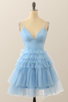 Straps Blue Tiered Ruffle Short A-line Homecoming Dress A Line Hoco Dresses Long, Hoco Dress Inspo Knee Length, Mamma Mia Dress Hoco, Semi Formal Hoco Dresses, Hoco Dresses 2024 Flowy, Hoco Dress Inspo Blue, Mama Mia Homecoming Dress, Cute Grade 8 Grad Dresses, Blue Hoco Dress Flowy