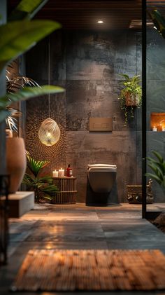 an indoor bathroom with plants and candles