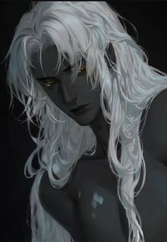 a woman with long white hair and yellow eyes