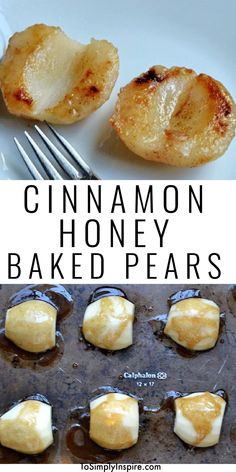 cinnamon honey baked pears on a baking sheet with a fork and spoon next to them