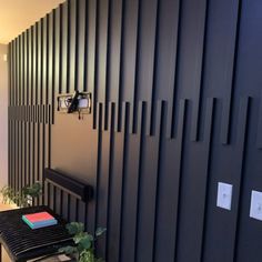 a room with a black wall and a bench in front of some plants on the floor