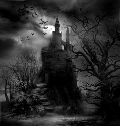 a black and white photo of a castle with bats flying in the sky above it