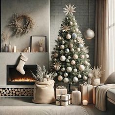 a decorated christmas tree sitting in front of a fire place with stockings on the mantle