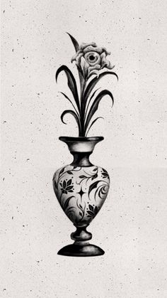 black and white drawing of a vase with flowers in it