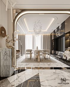 an elegant dining room with marble floors and walls