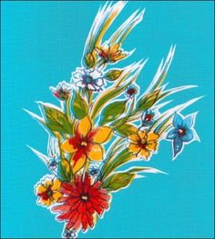 a painting of flowers on a blue background