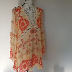 Nwt Peach And Coral V Neck With Loose Fitting Sleeves Dress By For Love And Lemons. Authentic. I Just Noticed A Spot On It (Probably From Handling And Storage) I'll Be Attempting To Loosen Out The Spot And Will Price Accordingly If I Am Unable To. -1 Sheer Long Sleeve Beachwear Dresses, Long Sleeve Sheer Beachwear Dress, Bohemian Long Sleeve Beach Dress For Brunch, Long Sleeve Beachwear Dresses For Holiday, Holiday Beachwear Dresses With Long Sleeves, Sheer Beige Summer Dress, Beige Sheer Summer Dress, Long Sleeve Lined Mini Dress For Summer, Long Sleeve Cream Summer Dress