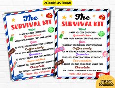 the survival kit for kids is shown on a white brick wall with blue and red stripes