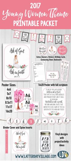 the young women's theme printable packet is shown in pink, white and black