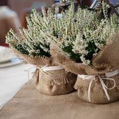 some flowers are sitting in small jars on a tablecloth with glasses and napkins