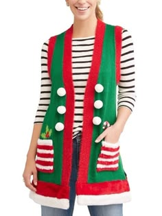 a woman wearing a green and red christmas vest