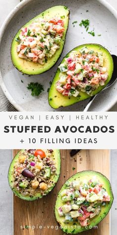 an avocado cut in half on a cutting board with the title vegan easy i healthy stuffed avocados + 10 filling ideas