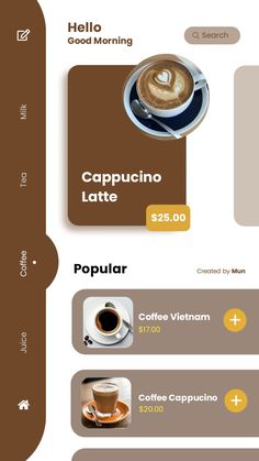 the menu for coffee is shown in brown and white