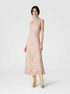 Long sleeveless dress in lamé pleated knit Multicoloured | Missoni Sleeveless Viscose Maxi Dress For Party, Sleeveless Viscose Party Dress, Sleeveless Viscose Maxi Dress For Evening, Sleeveless Viscose Midi Party Dress, Sleeveless Evening Dress In Viscose, Glamorous Sleeveless Dress For Spring Gala, Sleeveless Viscose Cocktail Dress, Long Sleeveless Dress, Pleated Knit