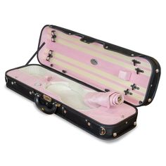 an open pink and black suitcase on a white background