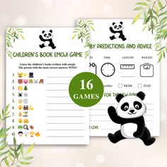 two children's book emou game cards with pandas on them and green leaves