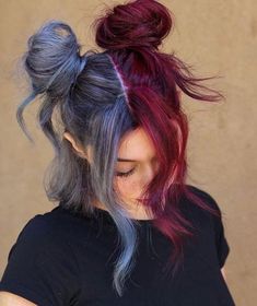 Two Buns Hairstyle, Split Dyed Hair, Split Hair, Hair Color For Women, Dye My Hair