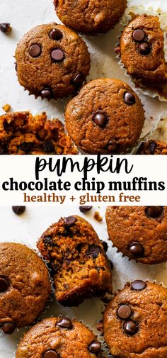 pumpkin chocolate chip muffins with text overlay that reads, pumpkin chocolate chip muffins healthy + gluten free