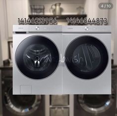 an appliance advertises washing machines in a laundry room with washer and dryer