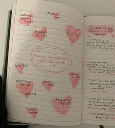 an open notebook with writing on it and hearts drawn on the pages in pink ink