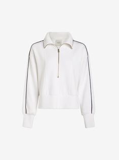 A casual wardrobe staple, it's designed with dropped shoulders, front panelling, and contrast piping for a retro-sporty look. Perfect for effortless styling post-match or during leisurely outings. Sporty Track Jacket With Contrast Stripes For Spring, Sporty Everyday Sweatshirt, Everyday Sporty Sweatshirt, White Sporty Track Jacket With Contrast Stripes, Sporty White Track Jacket With Contrast Stripes, White Casual Sweatshirt With Contrast Panels, Casual Tops With Contrast Trim For Fall, Casual Sports Track Jacket With Contrast Panels, Sporty Relaxed Fit Track Jacket For Loungewear