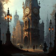 a painting of a clock tower in the middle of a park with people walking around