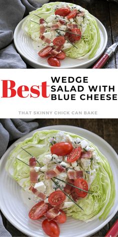 wedge salad with blue cheese and cherry tomatoes on a white plate next to a red handled knife