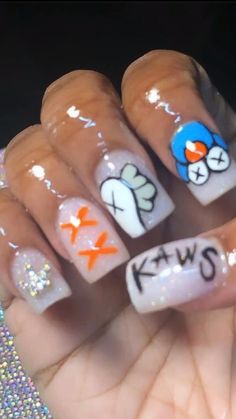 Grey Kaws Nails, Kaws Acrylic Nails, Grey Kaws, Kaws Nails, Acrylic Nails Short, Cute Acrylic Nail Designs