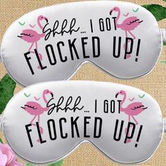 "𝝞𝗧𝗘𝗠 𝗗𝗘𝗧𝗔𝝞𝗟𝗦 Grab a set of these funny flamingo eye sleep masks for your flamingle party - tuck into a hotel welcome gift bag, or hand out for the flight there! Each soft faux silk eye mask comes with our \"Shhh... I got flocked up\" pink flamingo design. A cute choice for a tropical bachelorette, birthday, or Miami girls trip. 𝗖𝗛𝗘𝗖𝗞 𝗧𝗛𝗘𝗦𝗘 𝗢𝗨𝗧 * Shop our entire flamingo collection: https://www.etsy.com/shop/JoyandChaos?search_query=flamingo 👯 * Shop all bachelorette par Girls Trip Gifts Bags, Miami Girls Trip, Flamingo Bachelorette Party, Flamingle Party, Flamingo Bachelorette, Pink Flamingo Party, Tropical Bachelorette, Miami Girls, Girls Trip Gifts