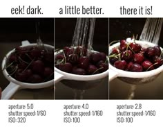 four pictures showing different stages of washing cherries