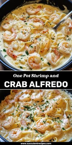 Dive into this Creamy One Pot Shrimp and Crab Alfredo! This indulgent dish combines tender shrimp, lump crab meat, and fettuccine in a rich, velvety Alfredo sauce for a decadent meal that's ready in no time. Creamy Shrimp And Chicken Pasta, Shrimp Crab Alfredo Pasta, Shrimp And Crab Scampi, Shrimp Dutch Oven Recipes, One Pot Chicken Fettuccine Alfredo, Shrimp Alfredo Recipes Easy, Shrimp Pasta Dinners, Cajun Shrimp And Crab Pasta, Shrimp And Crab Legs Recipes