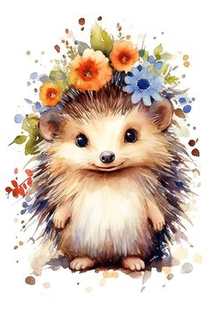 a hedge with flowers on its head sitting in front of a white background and watercolor splash