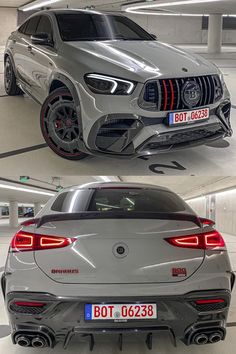 the front and back view of a silver car