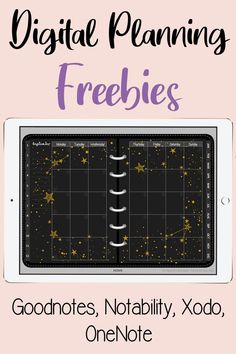 an ipad with the words digital planning freebies on it and stars in the sky