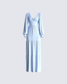 Cinderella never asked for a prince; She asked for a night off & a new dress 😌 We're your fairy godmother here to grant your every wish in this baby blue tiered maxi dress. Made from chiffon fabric, and complete with a plunging neckline, sheer, voluminous long sleeves, and a full-tiered skirt for an extra enchanting look 💙 Baby Blue Outfit, Simple Long Dress, White Corset Dress, Night Off, A Prince, Mesh Maxi Dress, Sequin Mini Skirts, Fairy Godmother, Easy Trendy Outfits