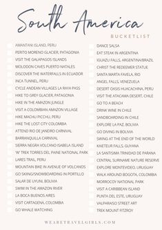 the south america bucket list is shown in blue and white, with words above it