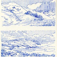 two blue ink drawings of hills and trees