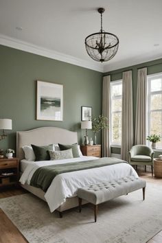 Olive Green Ideas Bedrooms, Oliver Green Bedroom, Light Olive Green Walls Bedroom, Color For Home Wall, Green Room Bedding Ideas, Room Decor For Green Walls, Bedroom Decorations Aesthetic, Sage Green Wall Color Bedroom, Home Colors Ideas