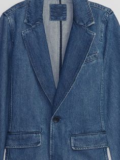 Made with 5% recycled contents. Non-stretch denim. Long sleeves with button cuffs. Notch lapel collar, single button front. Welt pocket at chest, pockets at lower front. Slit at hem. #803077 Denim Blazer, Lapel Collar, Welt Pocket, Stretch Denim, Long Sleeves, Blazer, Collar