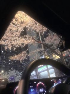 the view from inside a car at night with trees and buildings in the back ground